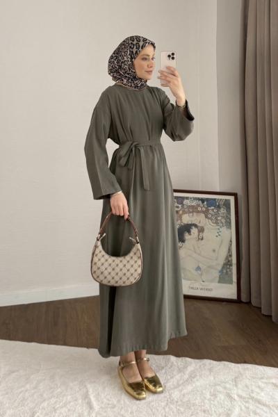 Kuşaklı Tensel Elbise Haki