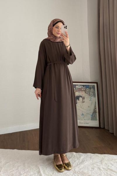 Kuşaklı Tensel Elbise Acı Kahve