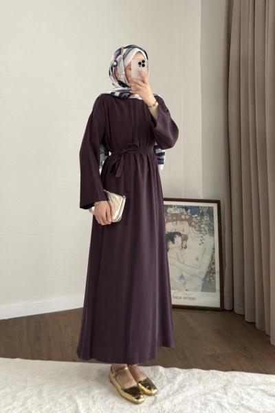 Kuşaklı Tensel Elbise Mürdüm