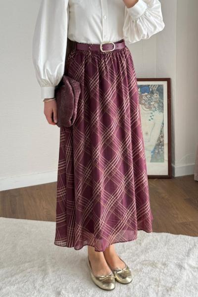 Desenli Şifon Etek Bordo