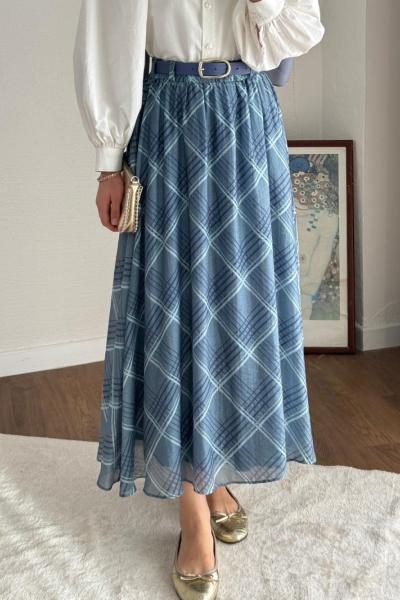 Desenli Şifon Etek Mavi