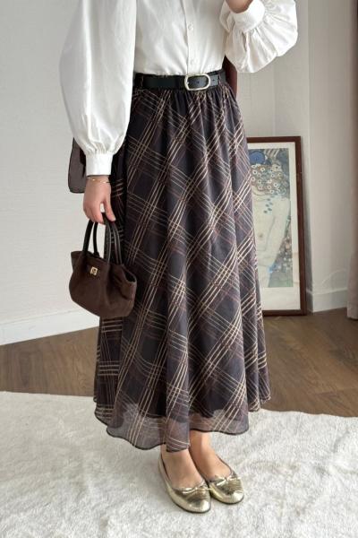 Desenli Şifon Etek Koyu Kahverengi