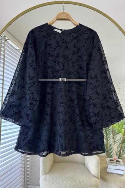 Çıtır Desen Floklu Tunik Siyah