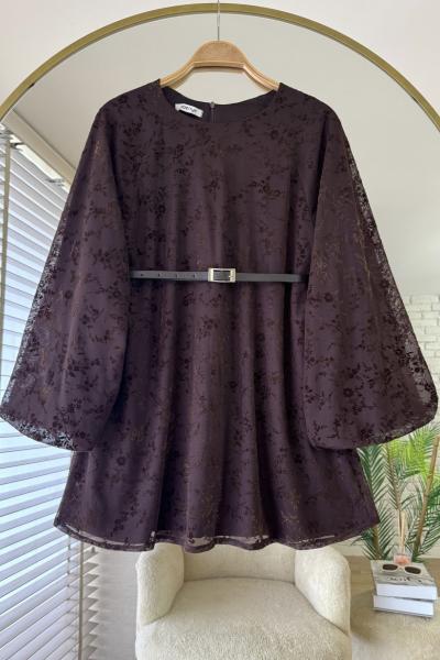 Çıtır Desen Floklu Tunik Acı Kahve