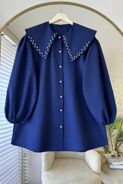 Yakası Taş İşlemeli Gömlek Lacivert
