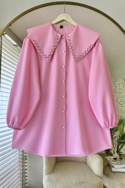 Yakası Taş İşlemeli Gömlek Pembe