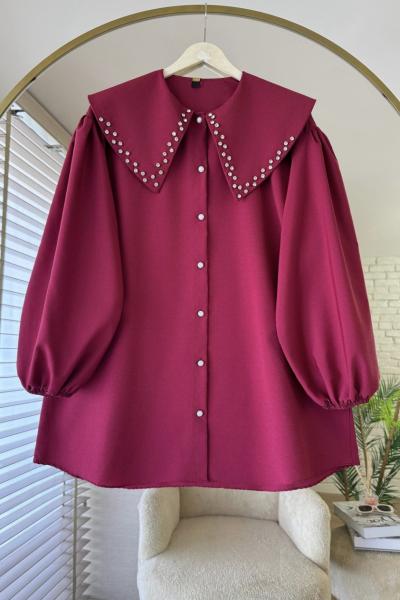 Yakası Taş İşlemeli Gömlek Bordo