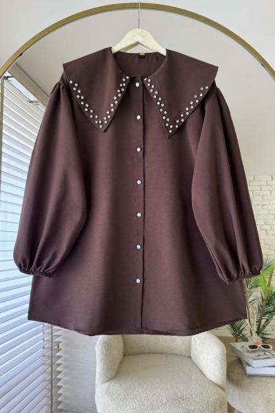 Yakası Taş İşlemeli Gömlek Kahverengi