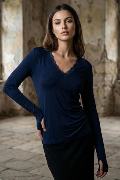 V Yaka Dantelli Body Lacivert