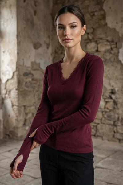 V Yaka Dantelli Body Bordo