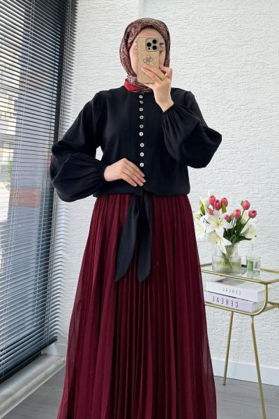 Önü Bağcıklı Kısa Modal Gömlek Siyah