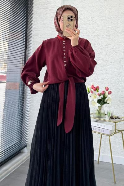 Önü Bağcıklı Kısa Modal Gömlek Bordo