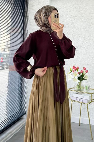 Önü Bağcıklı Kısa Modal Gömlek Acı Kahve