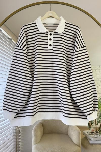 Gömlek Yaka Çizgili Salaş Sweatshirt Bordo