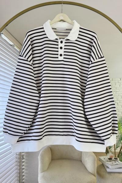 Gömlek Yaka Çizgili Salaş Sweatshirt Koyu Kahverengi