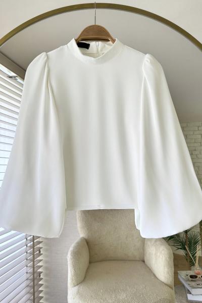 Balon Kol Saten Bluz Beyaz