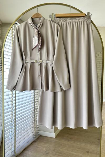 Fularlı Tensel Takım Bej