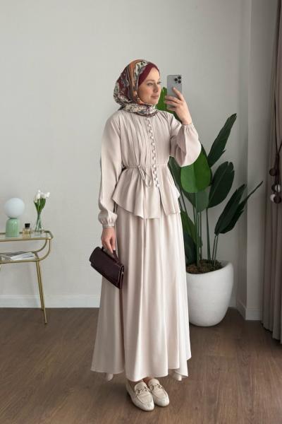 Nervürlü Etekli Takım Bej