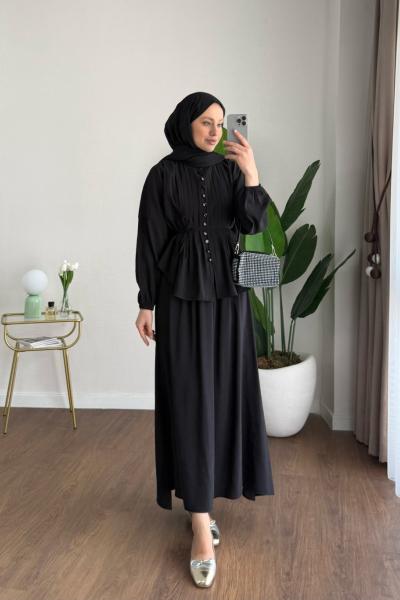 Nervürlü Etekli Takım Siyah