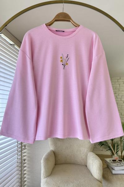 Nakışlı Salaş Sweatshirt Pembe