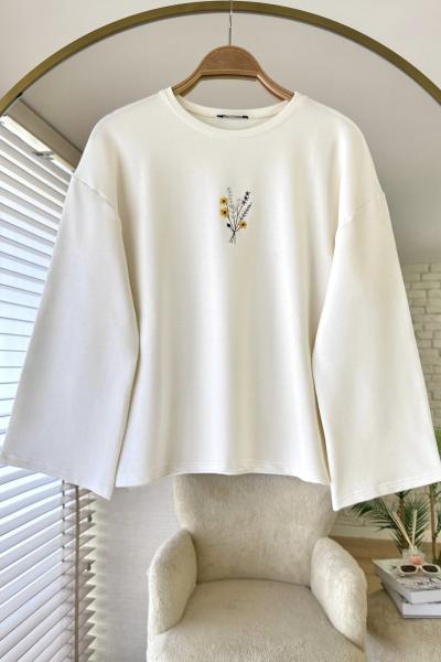 Nakışlı Salaş Sweatshirt Ekru