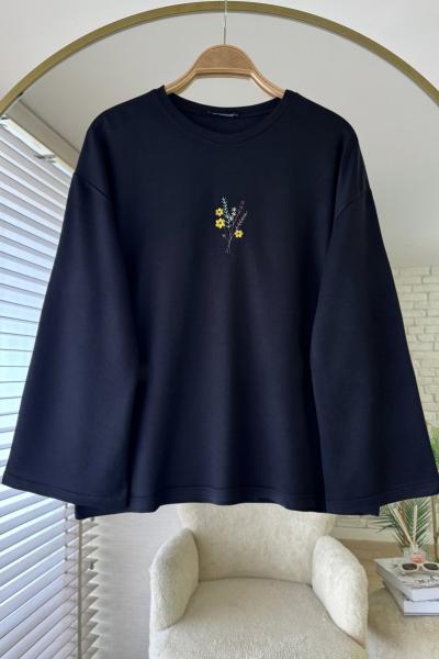 Nakışlı Salaş Sweatshirt Siyah