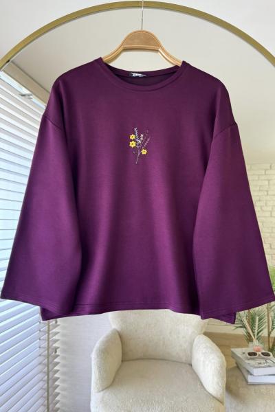 Nakışlı Salaş Sweatshirt Mürdüm