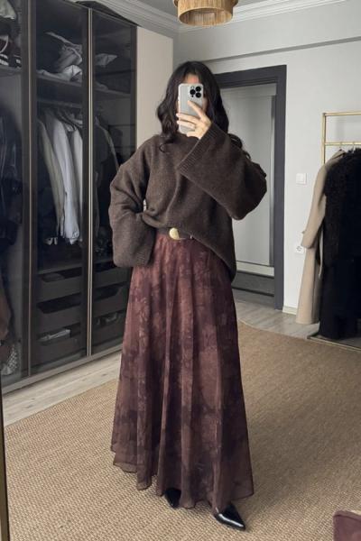 Çiçek Desenli Şifon Etek Kahverengi