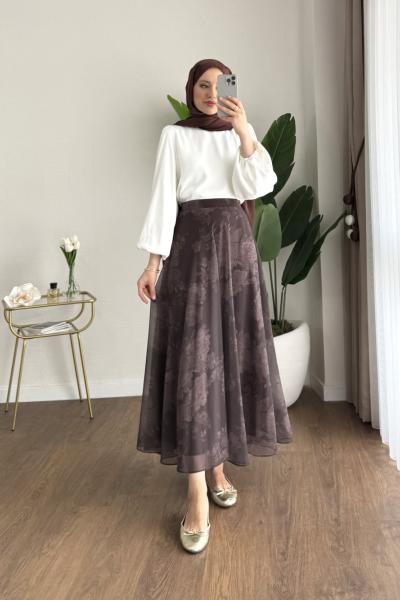 Çiçek Desenli Şifon Etek Kahverengi