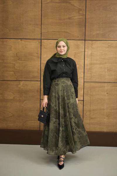 Çiçek Desenli Şifon Etek Yeşil