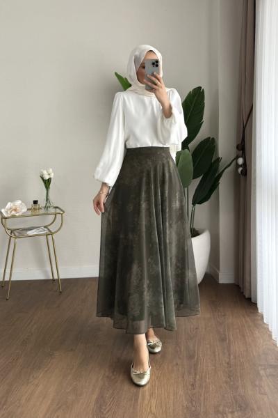 Çiçek Desenli Şifon Etek Yeşil