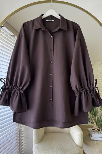 Kolları Büzgülü Gömlek Kahverengi