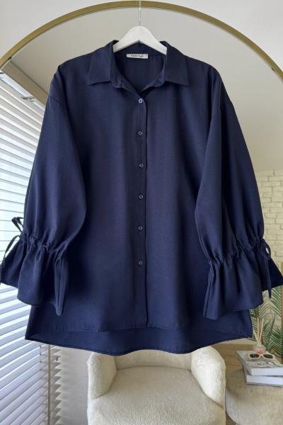 Kolları Büzgülü Gömlek Koyu Lacivert