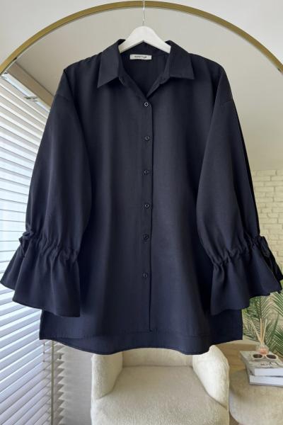 Kolları Büzgülü Gömlek Siyah