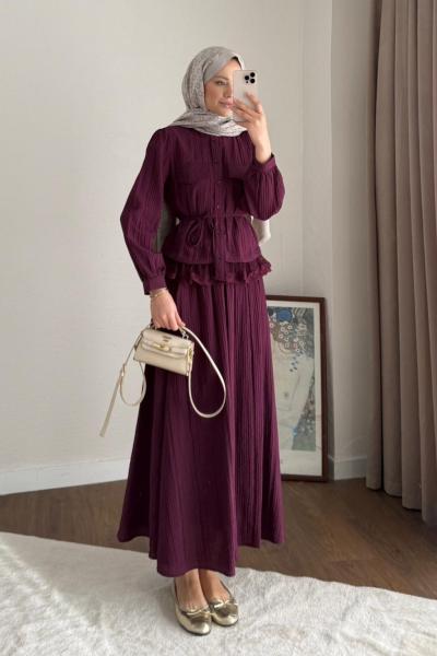 Dantel Detaylı Begonya Takım Mürdüm