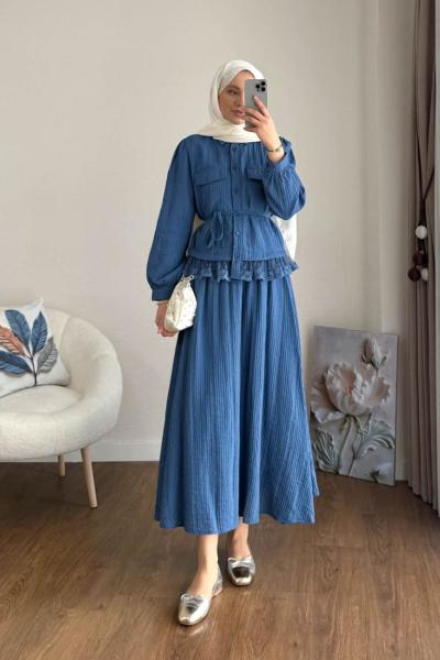 Dantel Detaylı Begonya Takım indigo mavisi