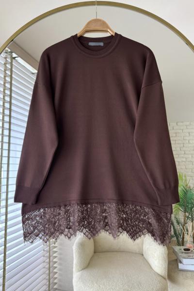 Dantel Detaylı Merserize  Kahverengi