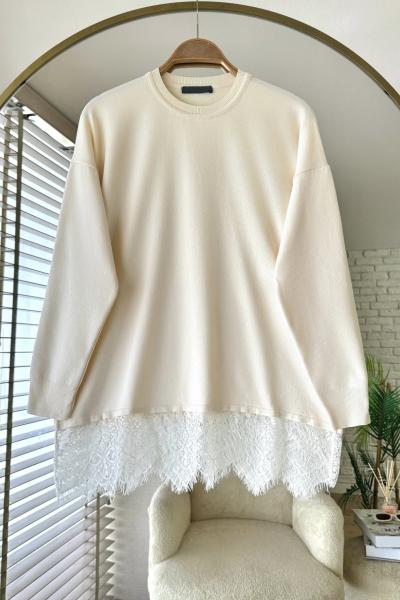 Dantel Detaylı Merserize  Ekru