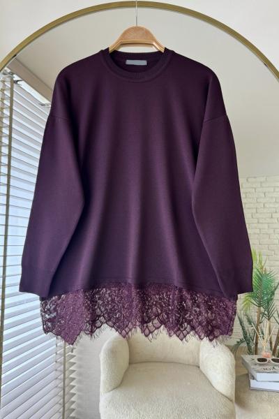 Dantel Detaylı Merserize  Mürdüm