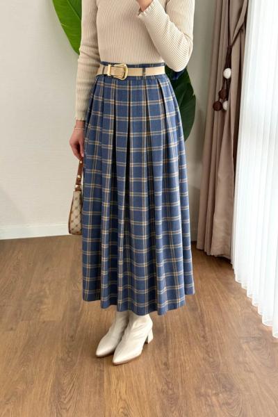 Pileli Ekose Etek Lacivert