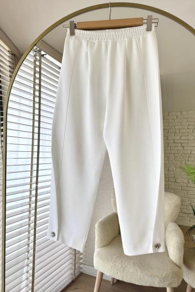 Paçası Düğme Detaylı Scuba Pantolon Beyaz