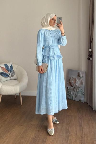 Dantel Detaylı Begonya Takım Bebe Mavisi