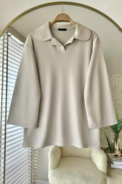 Polo Yaka Basic Sweatshirt Bej