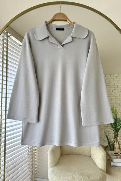 Polo Yaka Basic Sweatshirt Gri