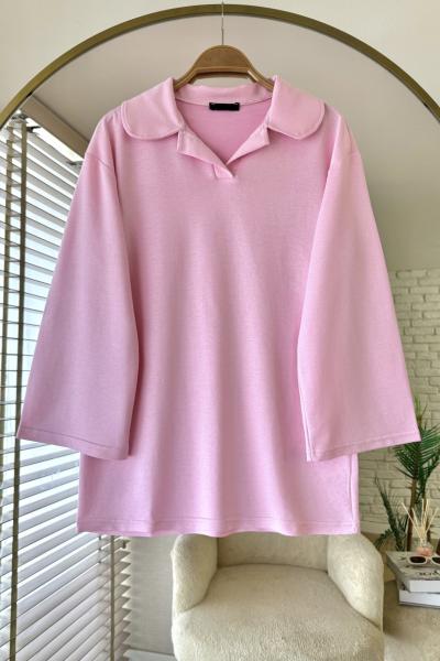 Polo Yaka Basic Sweatshirt Pembe