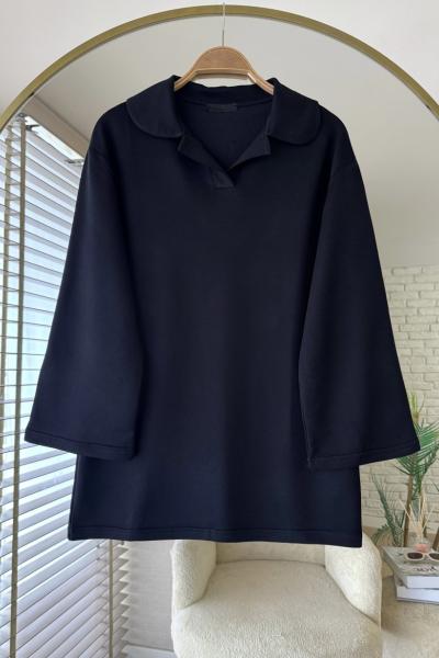 Polo Yaka Basic Sweatshirt Siyah