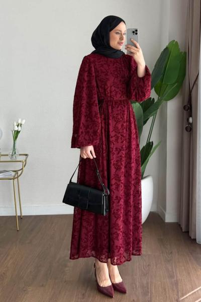 Balon Kol Floklu Elbise Bordo