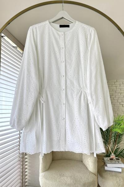 Yanları Bağcıklı Brode Tunik Beyaz