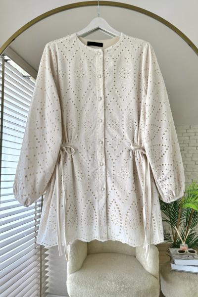 Yanları Bağcıklı Brode Tunik Bej