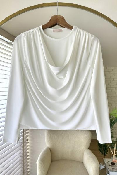 Degaje Yaka Sandy Bluz Beyaz